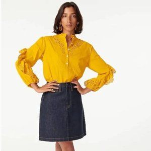 J. Crew Ruffle-Sleeve Embroidered Eyelet Top in Mustard Size Small